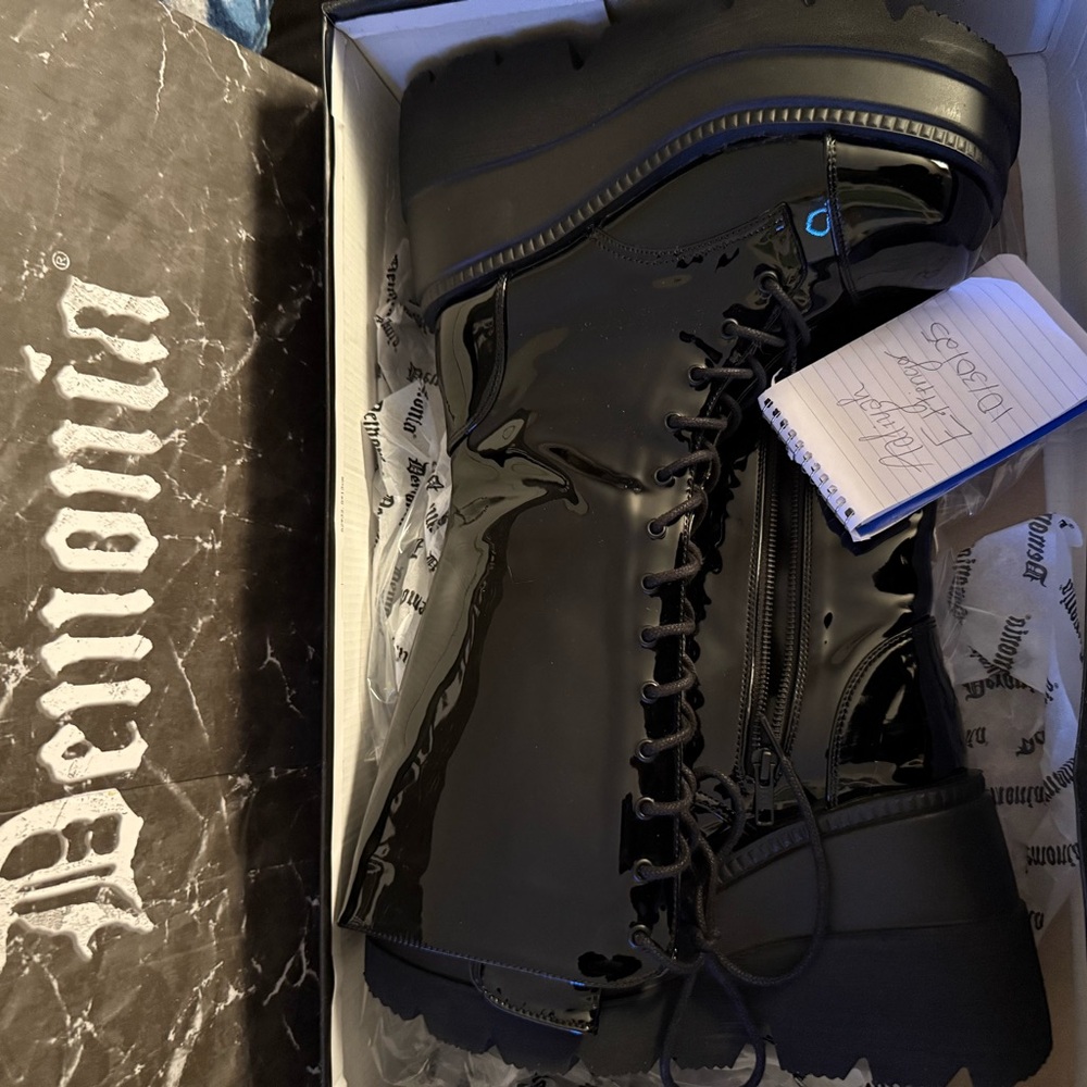 Demonia Glossy Black Lace-Up Boots